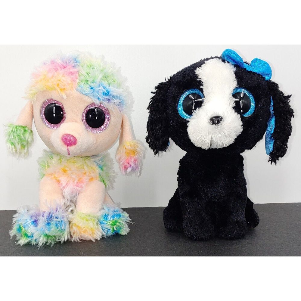 Ty Beanie Boo Dogs Tracey & Rainbow 6" Plush Stuffed Animal Lot Of 2 Black Blue
